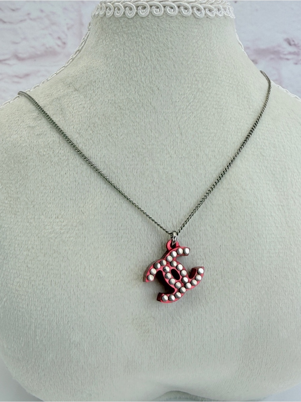 Chanel CC Chain Pendant Necklace Acrylic Silver Red 05P